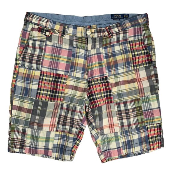 Vintage 90s Polo Ralph Lauren Shorts 38T Madras Patchwork Plaid Pockets Zipper